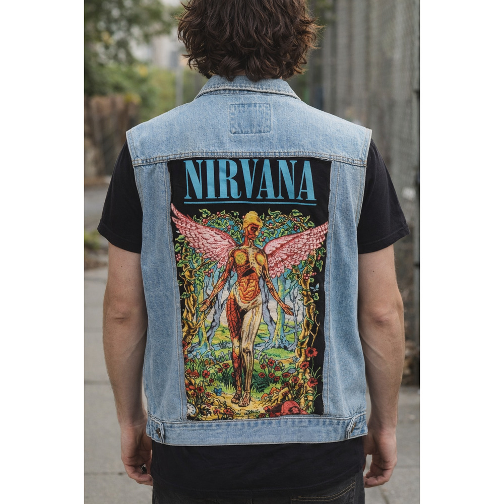 Nirvana In Utero Denim Vest Grunge Rock Band Patch Sleeveless Jean Jacket Men M